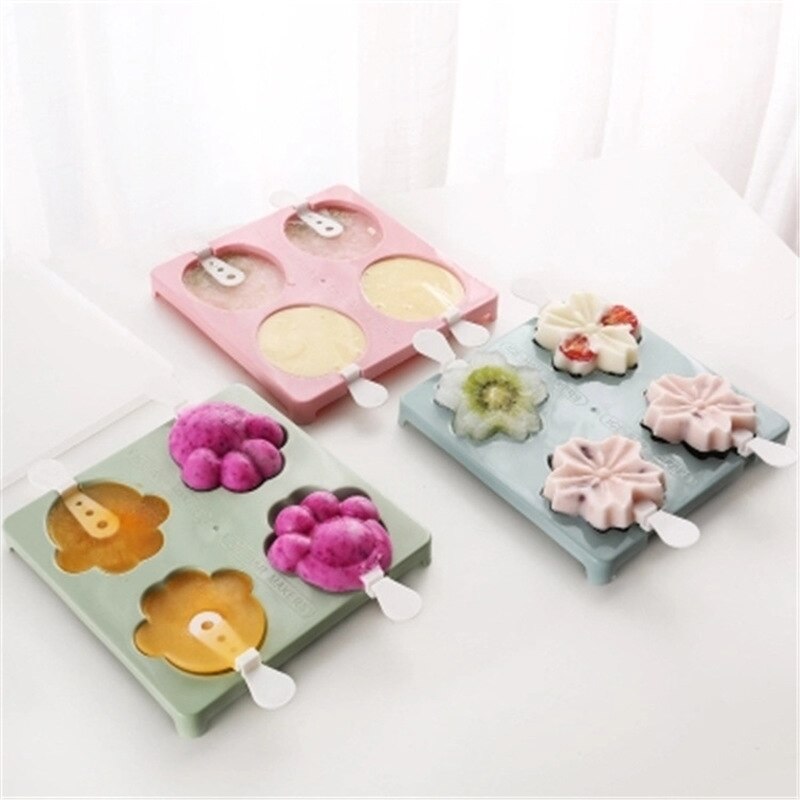 Cute Cartoon Flower Ice Cream Mold 4-hole Ice Tray Tubs Popsicle Maker Kitchen DIY Tools Cube Mold with Lid