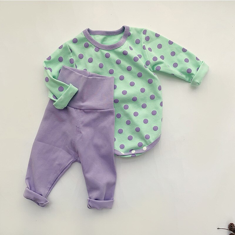 2021 autunno neonate dormiente stile coreano manica lunga Polka Dot pagliaccetto pantaloni a vita alta 2 pezzi neonati pigiami per bambini abiti: Green / 3M