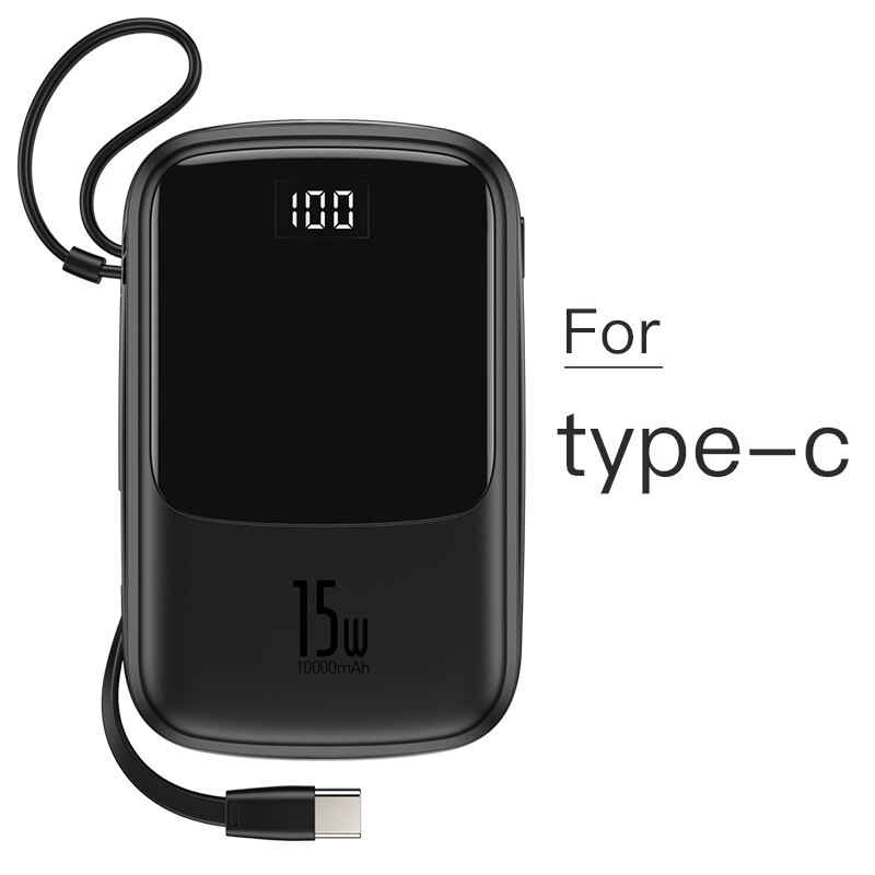 Baseus 10000mAh Mini Power Bank Built in Cables PowerBank External Battery Charger For iPhone 12 11 Pro Xiaomi Samsung Huawei: Black Type-C Cable