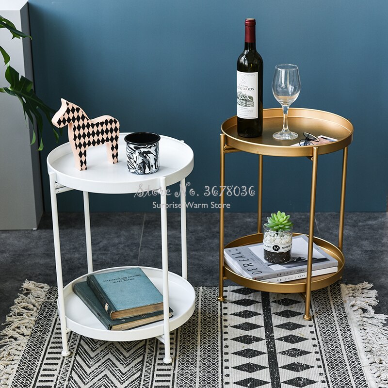 Modern Foldable Metal Coffee Table Round Table Living Room Side Table Detachable Tray Multi-use Home Furniture Storage Rack