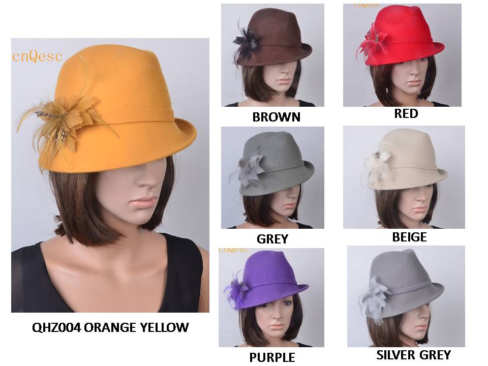 100% Dames derby vrouwen hoed Wol vilten hoeden voor winter kerk Derby. orange grijs beige geel, paars bruin rood zilver