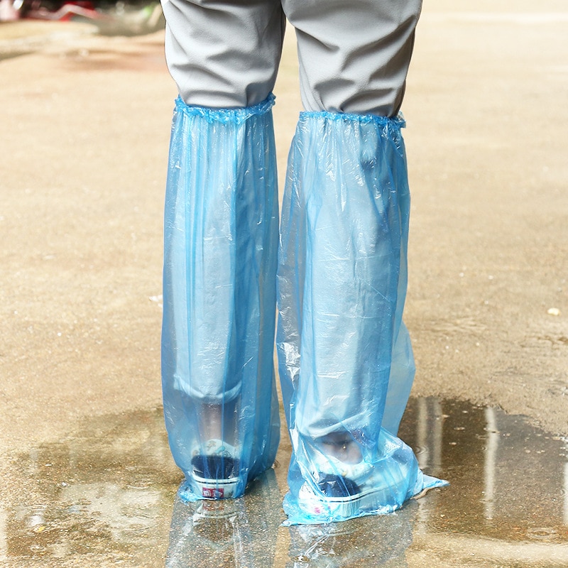 Chaussures jetables bleues, couvre-chaussures longues en plastique, couvre-bottes, transparentes, imperméables et antidérapantes