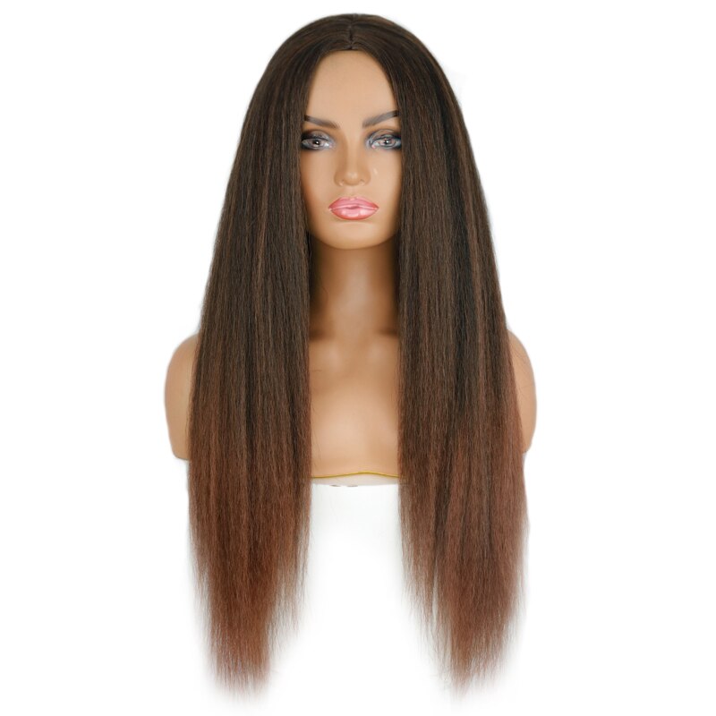 LINGHANG-peluca recta Yaki sintética para mujer afroamericana, pelo largo de 30 pulgadas, parte lateral, sin flequillo: 4/30HL
