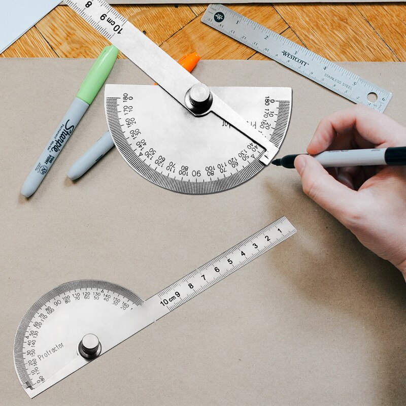 Stainless Steel Round Head 180 degree Protractor Angle Finder Rotary Measuring Ruler Machinist Tool 10cm Ruler