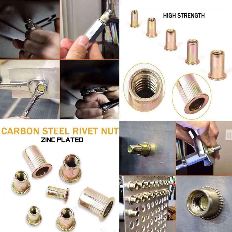 Juego de tuercas de remache de acero al carbono, Kit surtido de tuercas de inserción roscada de cabeza plana en M3 M4 M5 M6 M8 M10, 6 tamaños, 160 Uds.