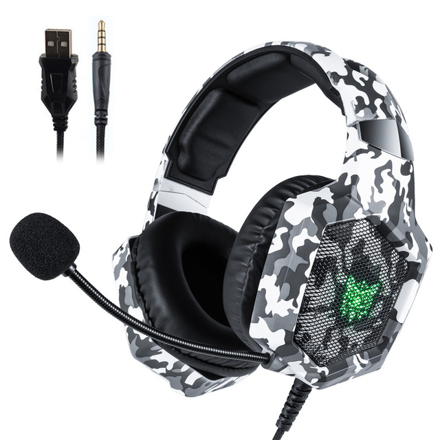 ONIKUMA K8 gamingowy zestaw słuchawkowy przewodowe słuchawki Stereo z redukcją szumów z mikrofonem LED Lights słuchawki na PS4 XBox One PC Laptop Tablet: Camouflage white