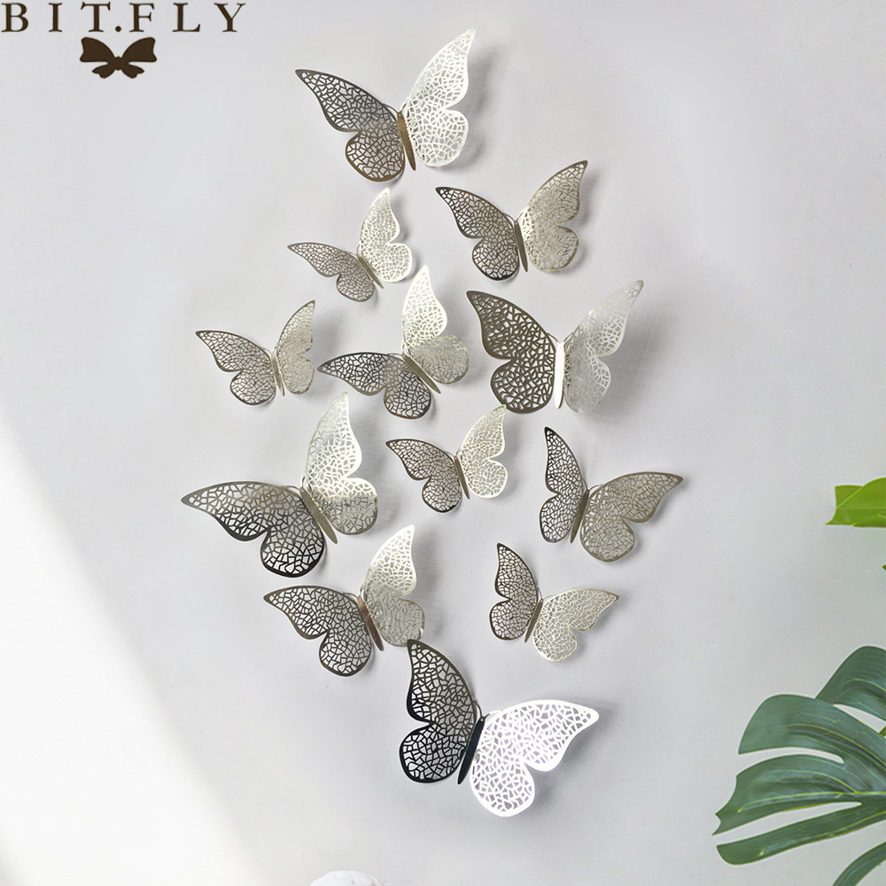 ¡Oferta! 12 unids/set de pegatinas de pared 3D mariposa hueca para decoración de la pared del hogar de las habitaciones de los niños DIY mariposas nevera adhesivos decoración de dormitorio: 5