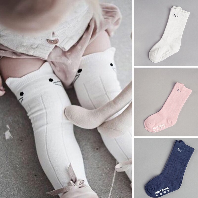 Dejlige bomulds baby sokker dyremotiver knæhøje børn dreng piger sokker anti slip tegneserie kat nyfødte pige benopvarmere