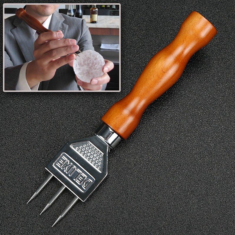 Sturdy Ice Chipper with Solid Wood Handle Stainless Steel Three Pronged Ice for Cocktail Bartender