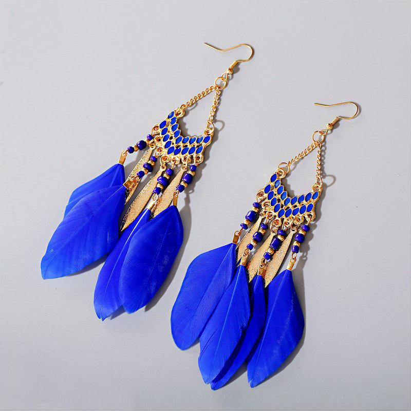 Pendientes bohemios largos de plumas colgantes para Mujer, Pendientes largos de playa con borlas, Pendientes esmaltados de flores hechos a mano, Pendientes de boda para novia para Mujer: Con recubrimiento de titanio