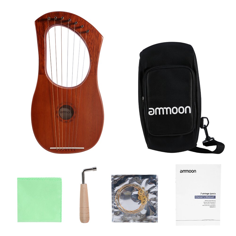 ammoon Small 7-String Lyre Harp Lyre Piano Steel Wire Strings Mahogany Plywood Body Mahogany Veneer Topboard String Instrument