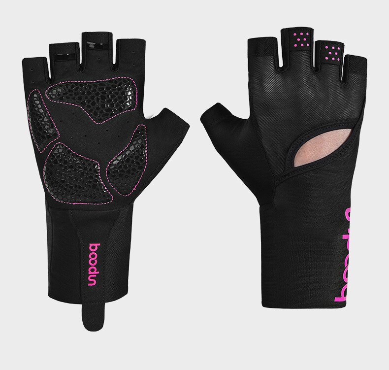 Menn kvinner treningsstudio hansker halvfinger pustende elastisk støtsikker sport Fitness hansker vektløfting trening treningshansker: Rosa logo / L xl