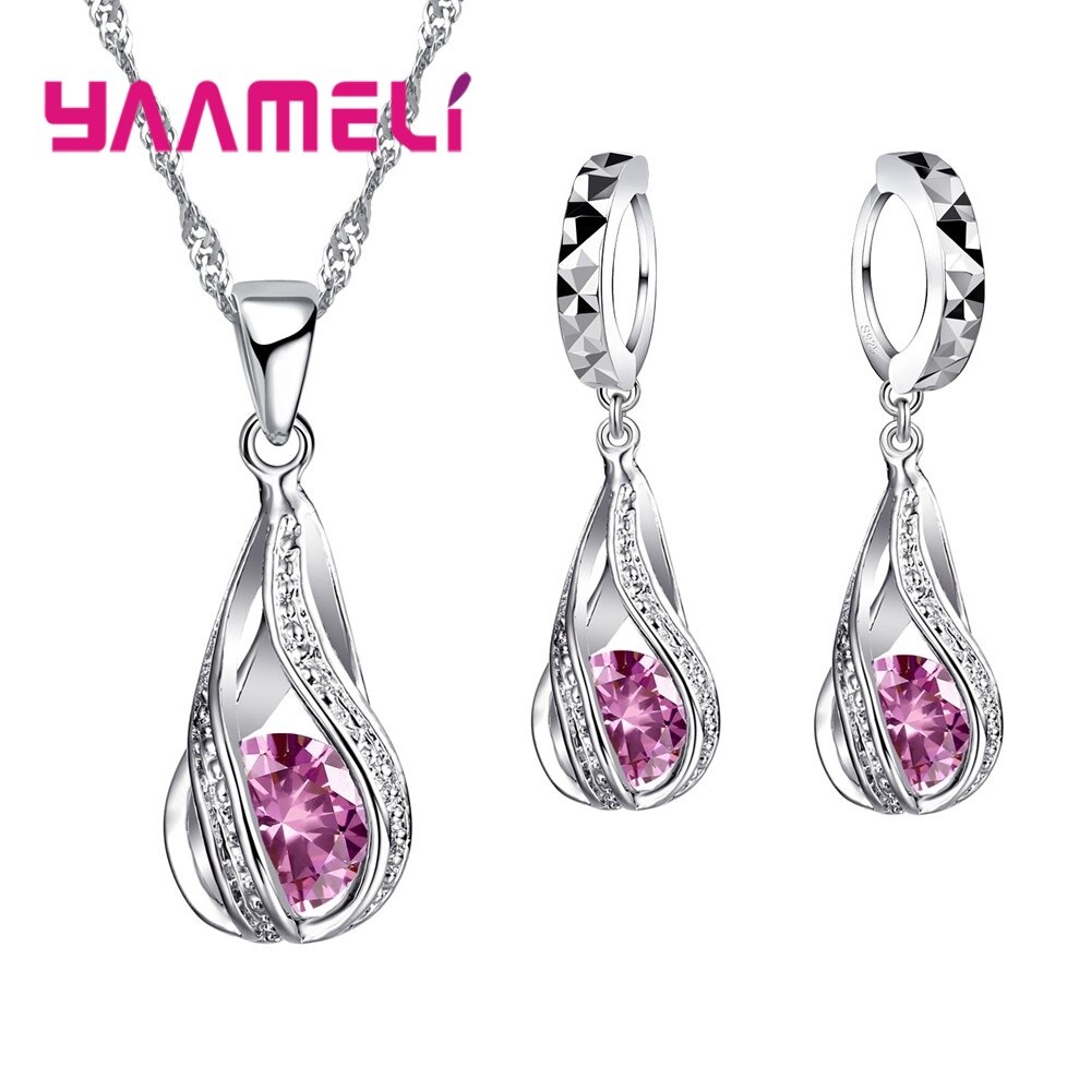 Muliple Colors 925 Sterling Silver Classic Shape Shinning Crystal Jewelry Sets Necklace Pendant Long Earrings Big: pink