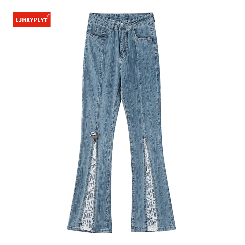 Jean évasé à plis en dentelle pour femmes, pantalon en Denim, Texture, taille haute, coupe Slim, droit, à fond de cloche