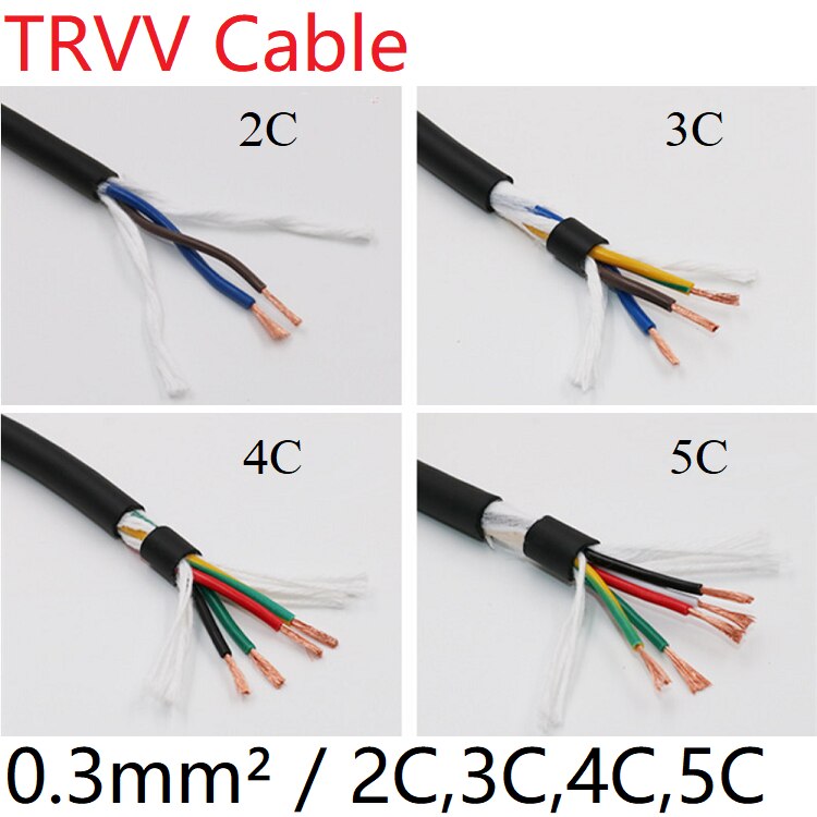 Square 0.3mm TRVV Towline Cable 2 3 4 5 Core Sheath Copper Wire Soft PVC Insulated Power Drag Chain Line Bend Resistance Black