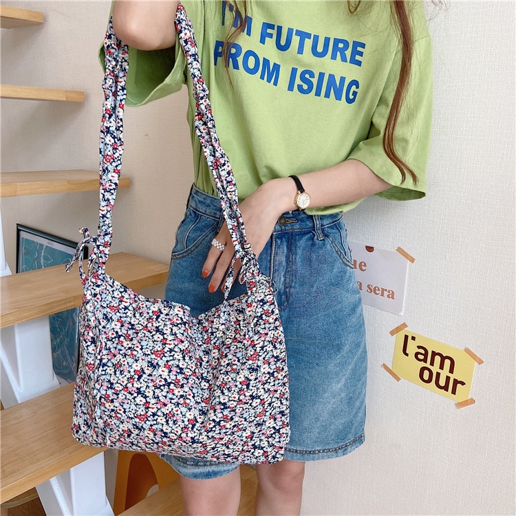 Small Floral Women Messenger Bags All-match Cotton Cloth Ladies Reusable Shopping Handbags Lovely Girls Korean Shoulder Bag