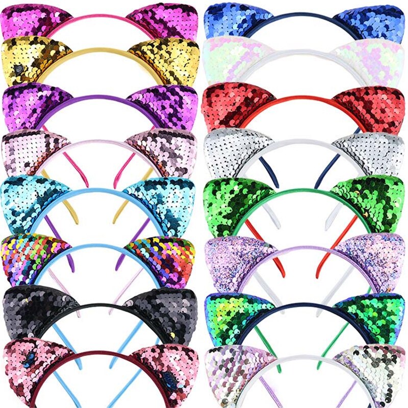 Paillettes réversibles oreilles de chat bandeau brillant chat oreille cheveux cerceaux mignon Bling bandeau cheveux accessoires pour femmes filles quotidien andParty
