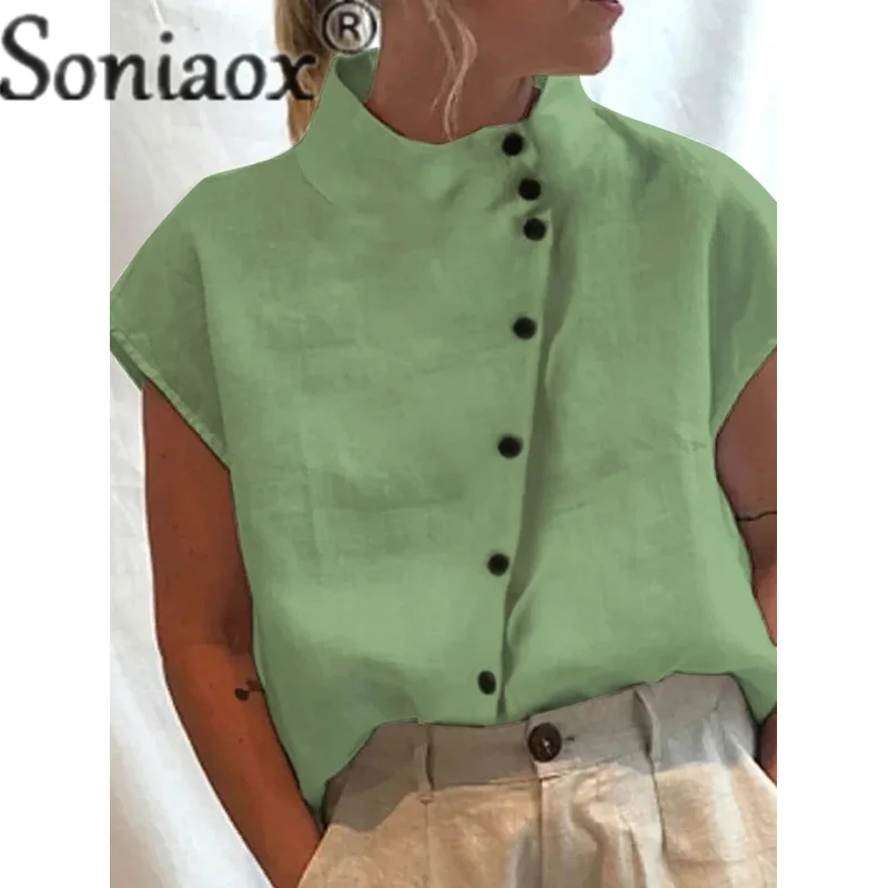 Camisa de lino y algodón con cuello levantado para mujer, cárdigan de estilo Simple con una botonadura, Tops, blusa holgada informal para mujer 2023: XL / Verde