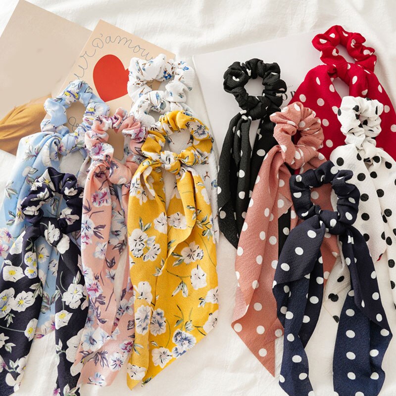Boheme prikket hår scrunchie sommer blomstret langt bånd elastiske hårbånd til kvinder pontail tørklæde hårslips hår tilbehør