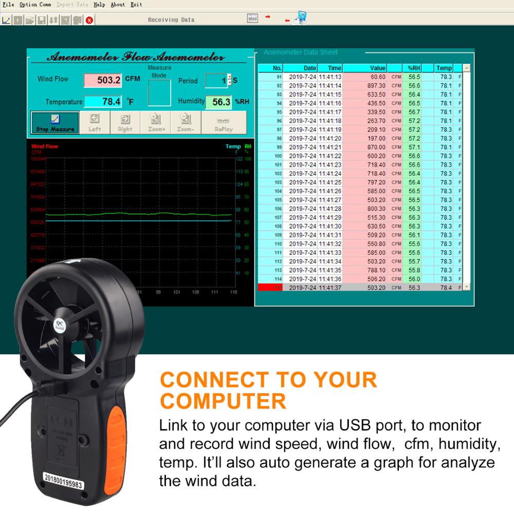 Anemómetro Digital de BT-866A, medidor CFM manual con conexión USB, medidor de flujo de aire, mide la temperatura del viento/velocidad del viento