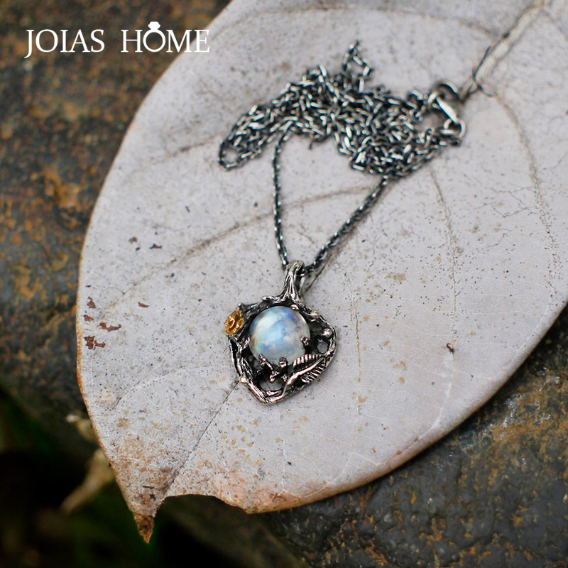 JoiasHome 925 Sterling Silver Necklace Pendant Moonstone Rose Flower Pendant Retro Twig Leaf Separation Necklace