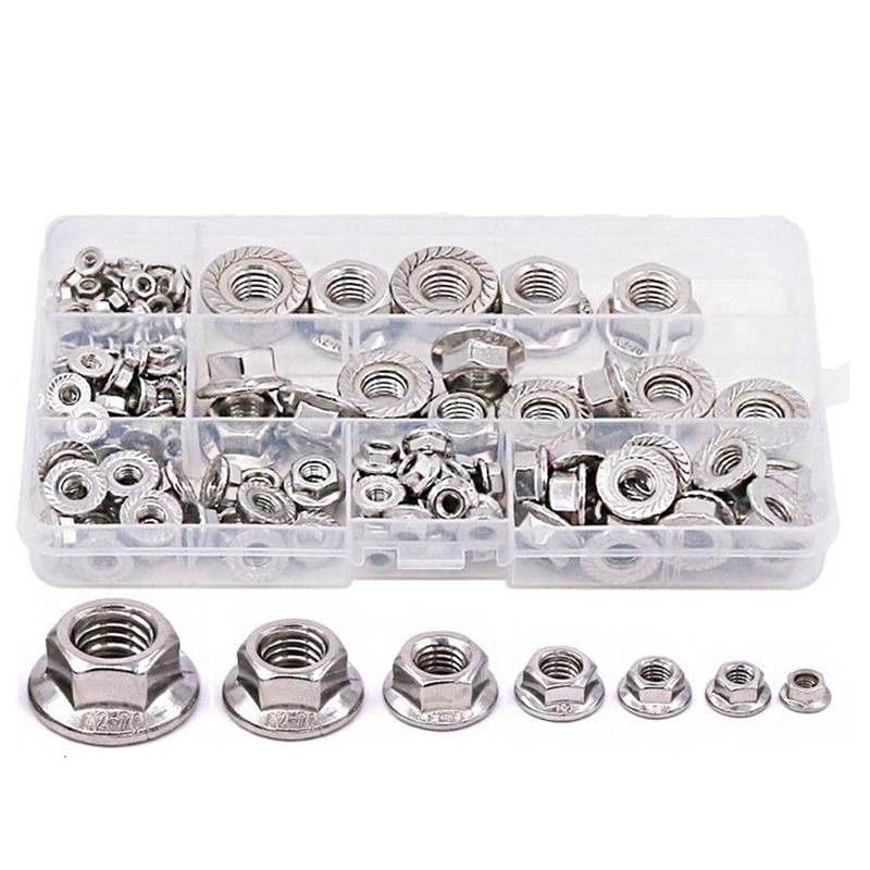 140PCS Stainless Steel Hexagon Flange Lock Nut M3-12 Hex Flange Nut Set