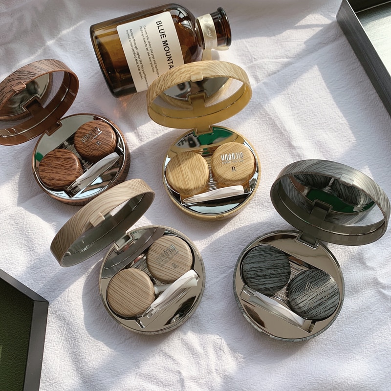 Natural series Round contact lens case with mirror storage box Lens container Imitation wood grainEye contacts case