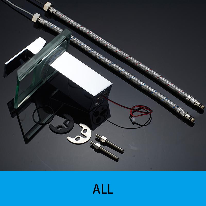 Led handfat kran mässing vattenfall temperatur färger ändra badrum blandare kran däck monterad tvättställ glas kranar