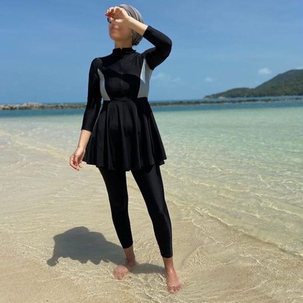Maillot de bain musulman 3 pièces, Burkini, Patchwork modeste, Hijab, manches longues, Sport, Burkini islamique, vêtements de plage