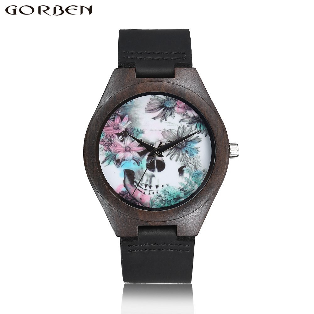 Relojes analógicos de madera para hombre y mujer, Reloj de pulsera de cuarzo con único de calavera, correa de cuero cómoda: W021