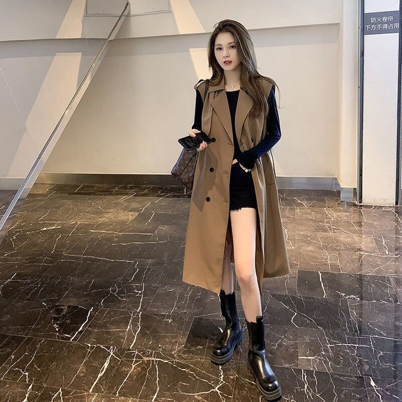 Trench-coat sans manches pour femmes, ceinture de printemps, couleur Pure, passe-partout, de rue, coupe-vent, Style coréen Ins