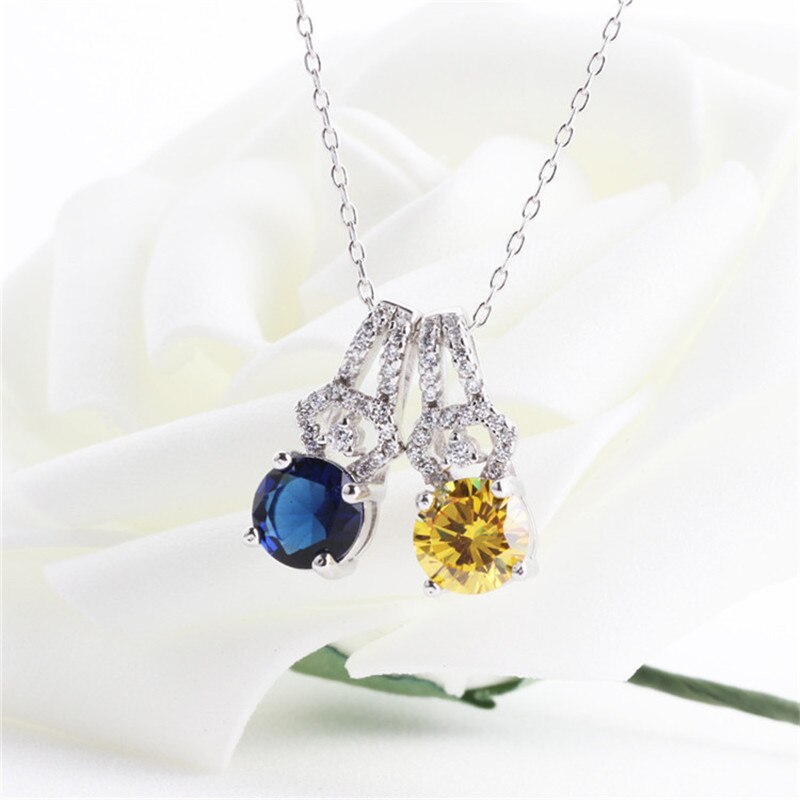 CC Trendy Jewelry Necklaces Pendants For Women Silver 925 Cubic Zirconia Round Blue/Yellow Stone Bijoux Femme No Chain CCN259