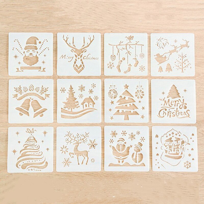 12 stk julestencil julemand snemand snefnug plast skabelon diy lagdeling stencil maleri scrapbog album dekorativt