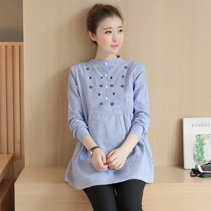 Autumn Maternity Shirts Summer Blouse Tops Clothes for Pregnant Women Waist Pleated Embroidery Cotton Shirts Pregnancy Clothes