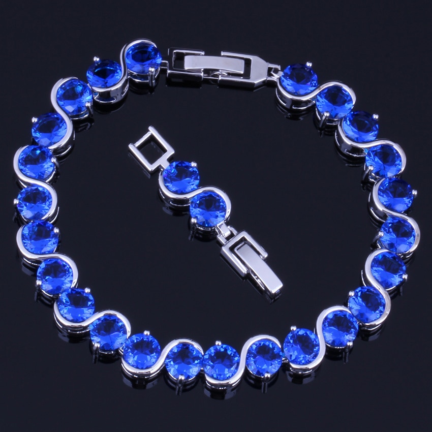 Captivating Round Blue Cubic Zirconia Silver Plated Link Chain Bracelet 18cm 20cm V0217