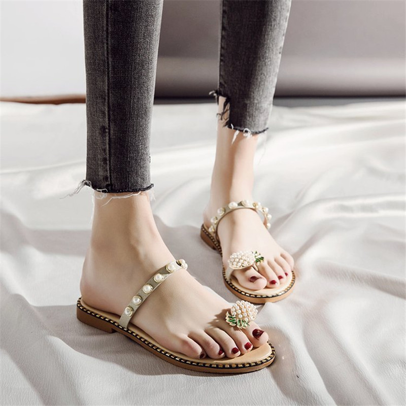 Summer Flat Heel Women Ladies Sandals toe ring Bohemia Sandals With ananas Flat Shoe Outdoor Slides 35-39