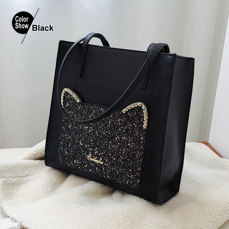 Beibaobao Mode Pailletten Kat Vrouwen Tassen Grote Schoudertassen Dames Luxe Pu Leer Totes Bag Leuke Vrouwen 'S Handtassen: Black