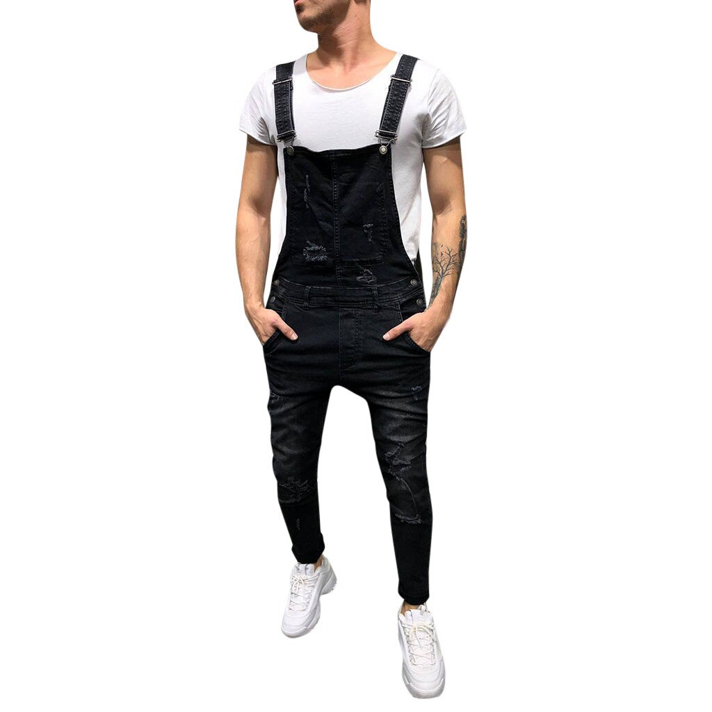 Men's Ripped Jeans Jumpsuits Hi Street Distressed Denim Bib Overalls For Man Suspender Pants Size S-XXXL: Black / L