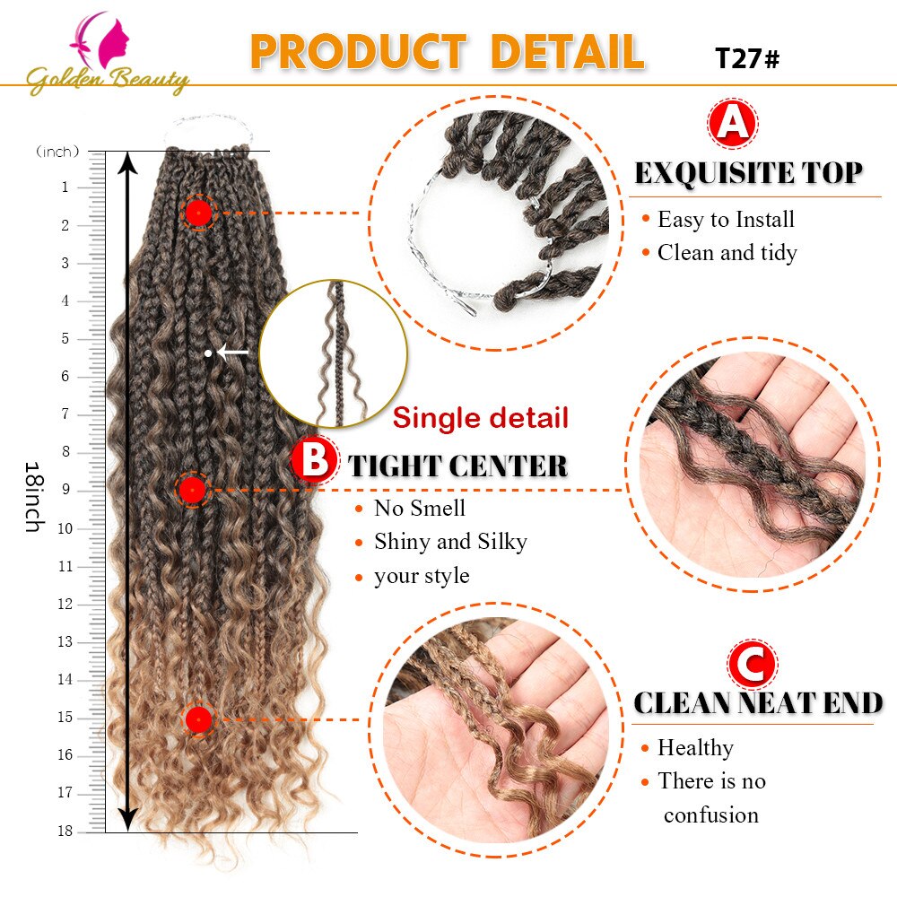 18"Goddess Box Braids Hair Extension Synthetic Crochet Hair Bohemian Hair With Curls Boho Braided Hair 24strands Golden Beauty