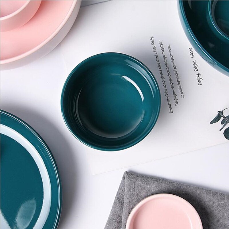 2 Colors Porcelain Dinner Plate Set Ceramic Tableware Food Dishes Rice Salad Noodles Bowl Soup Family Hotel Kitchen Cook Tool