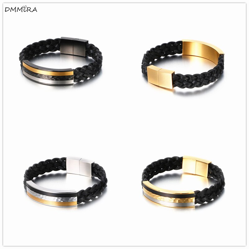Men's Leather Bracelet - Gold & Silver Tone Stainless Steel Band - Punk Street Style Geometric Jewelry