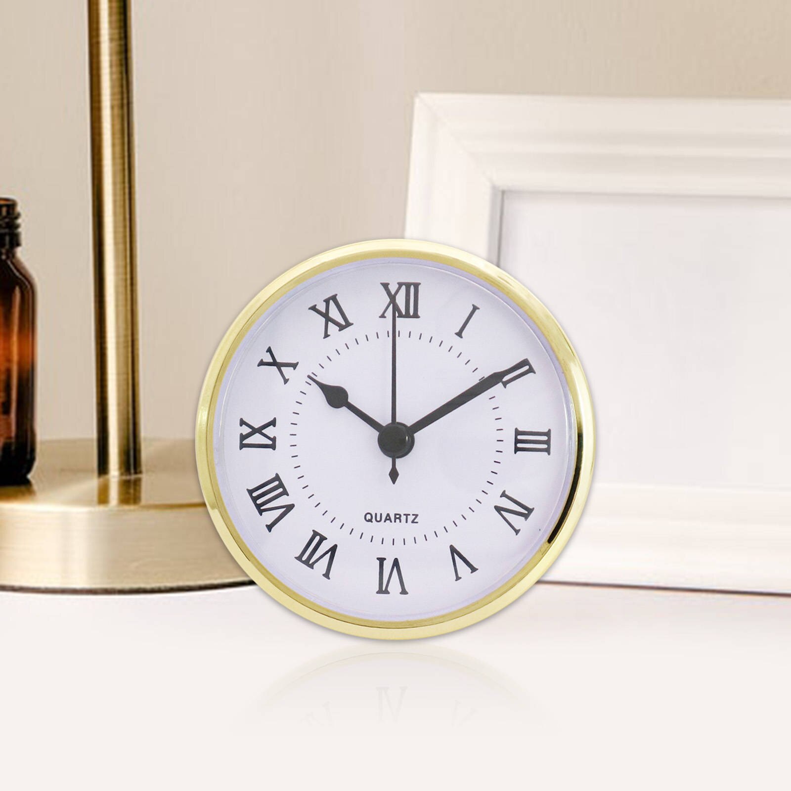 Mini horloge avec chiffres romains de 3.54 pouces, outils romains, garniture en or, tête ronde, Face blanche, batterie