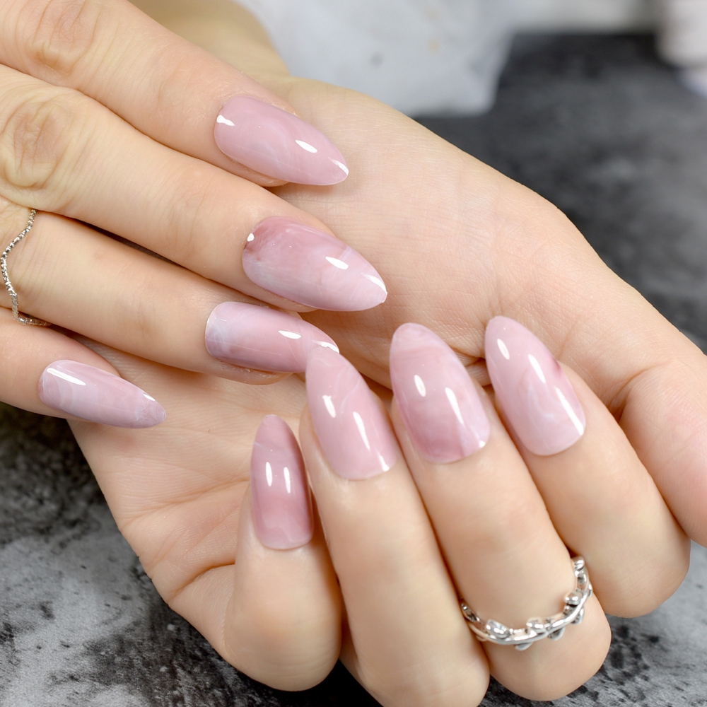 Marbling False Nails Grey Stiletto Shiny Marble Nail Art Tips Medium Size Pointed Sharp Nails 24 Count: Z799