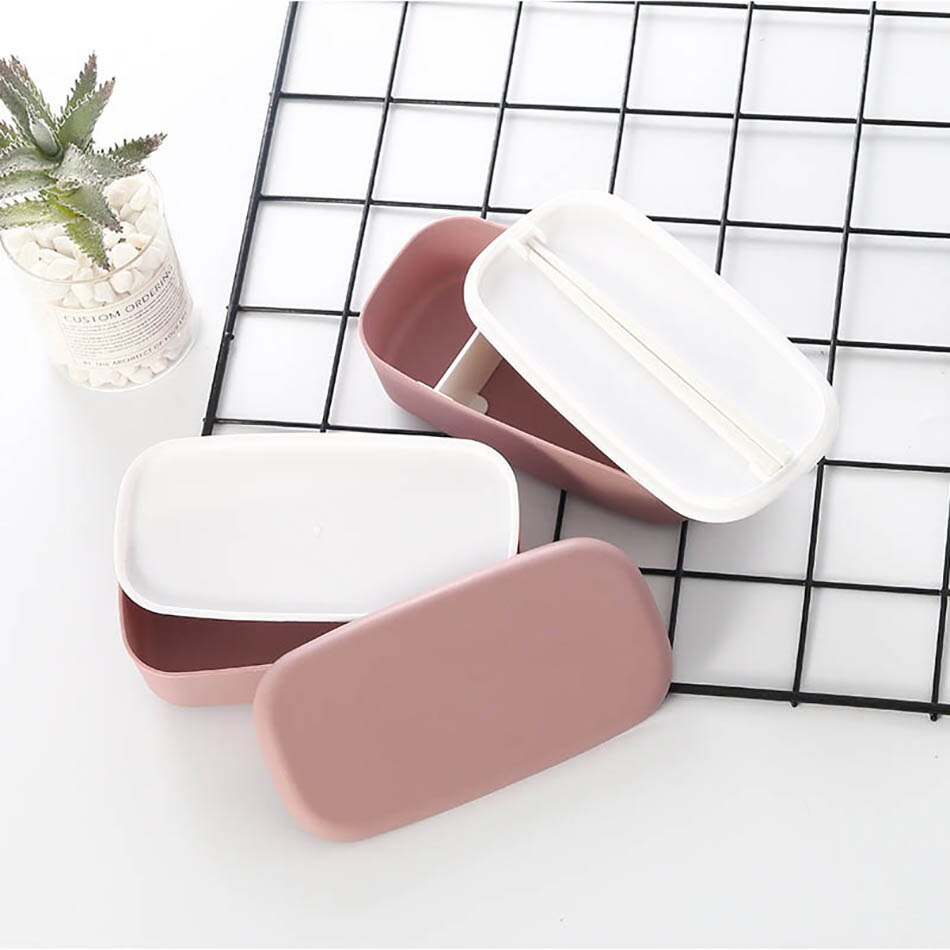 Lunch BoxJapanese Style Simple Double Student Lunch Box Portable Multi-layer Lunch Box with Tableware: pink