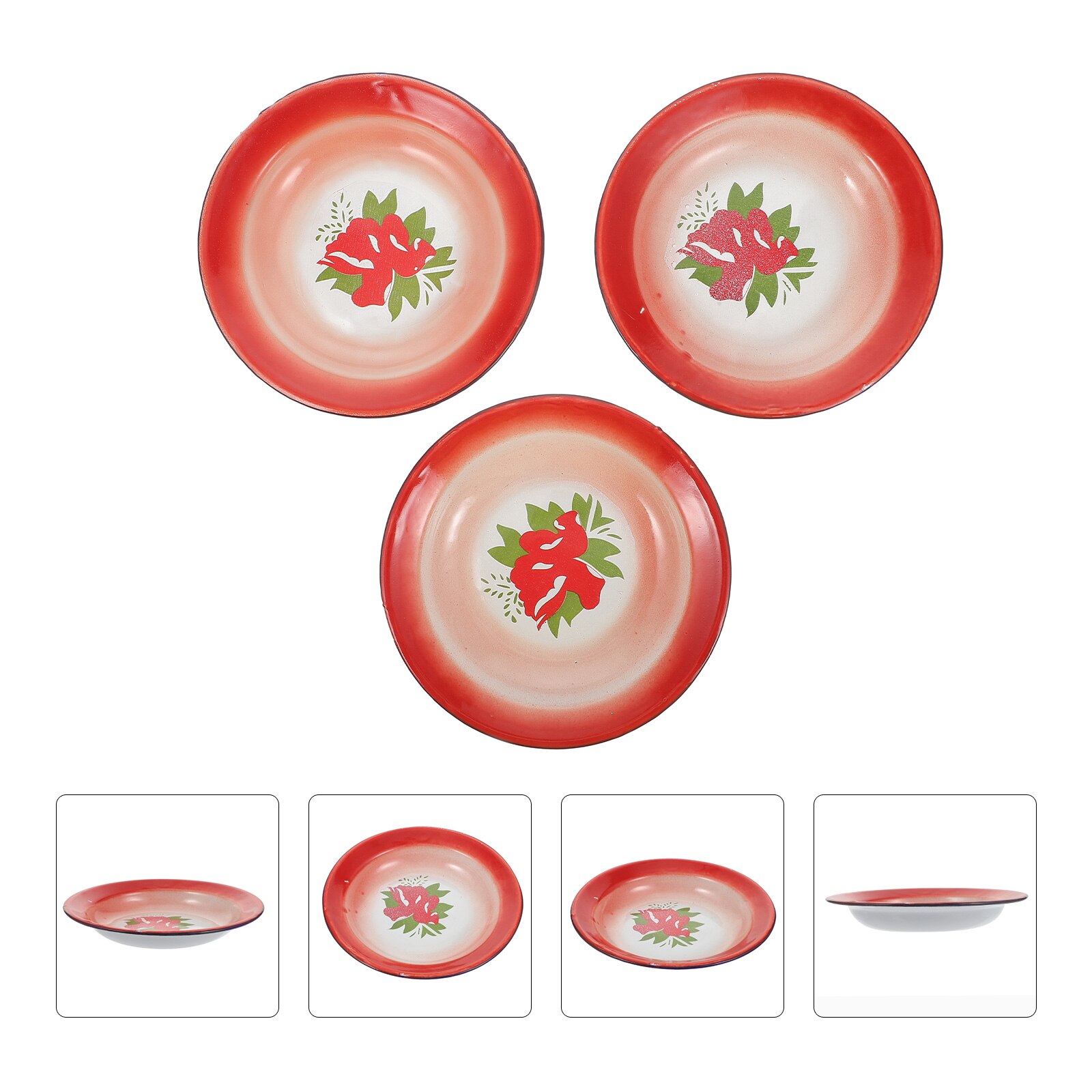 3pcs Iron Enamel Snack Plates Chinese Style Serving Plates Food Trays (Red)