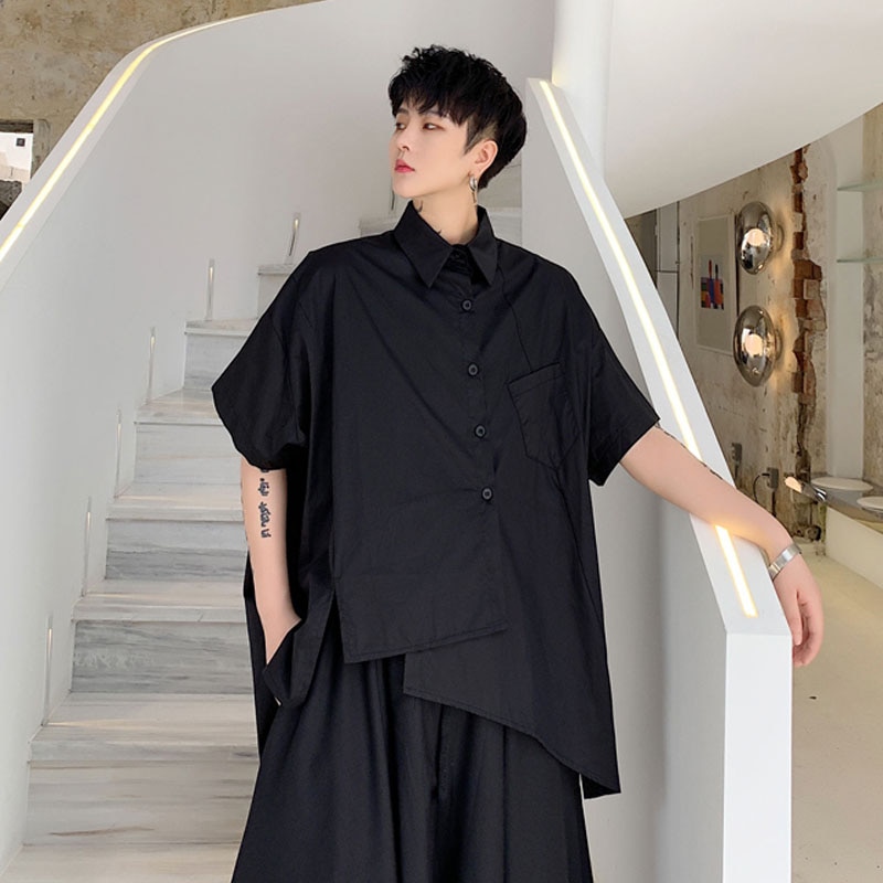 Men Short Sleeve Oversize Irregular Loose Casual White Black Shirt Male Japan Streetwear Hip Hop Party Dress Shirts Couple Shirt