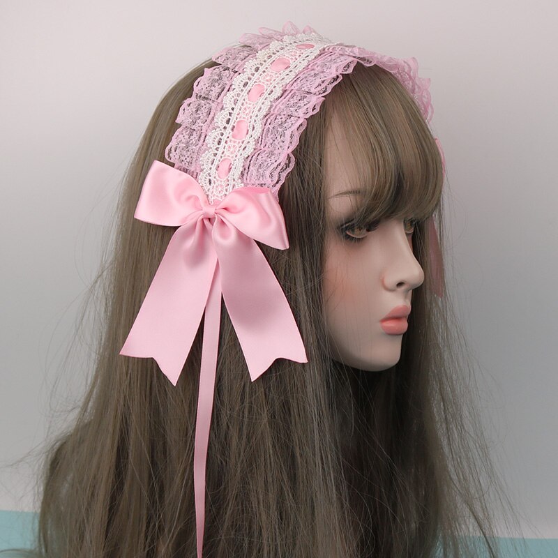 Petit bandeau Lolita japonais fait à la main, ornement pour cheveux de femme de ménage, clip latéral, accessoires pour cheveux doux: Pink Lace And Pink