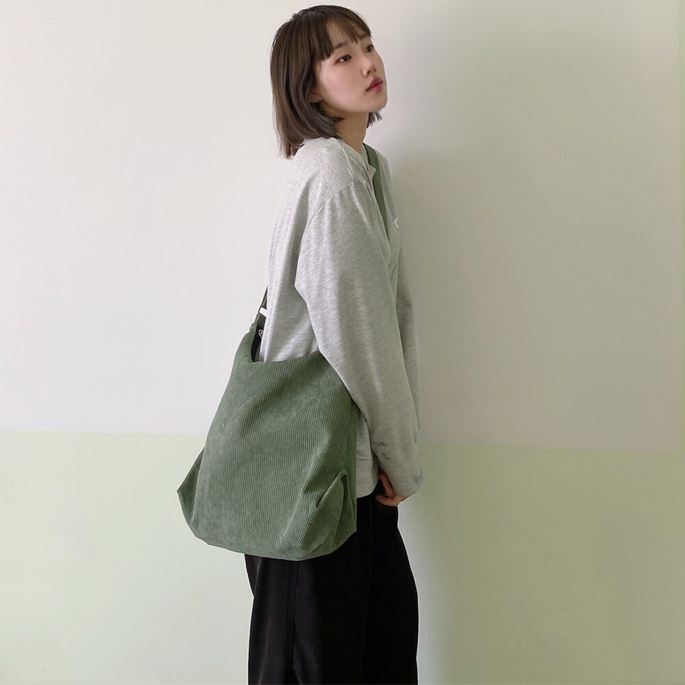 Sacos de veludo listrado simples lona zíper crossbody &amp; bolsa de ombro eco pano bolsas livros sólidos para meninas da faculdade: Blackish Green no