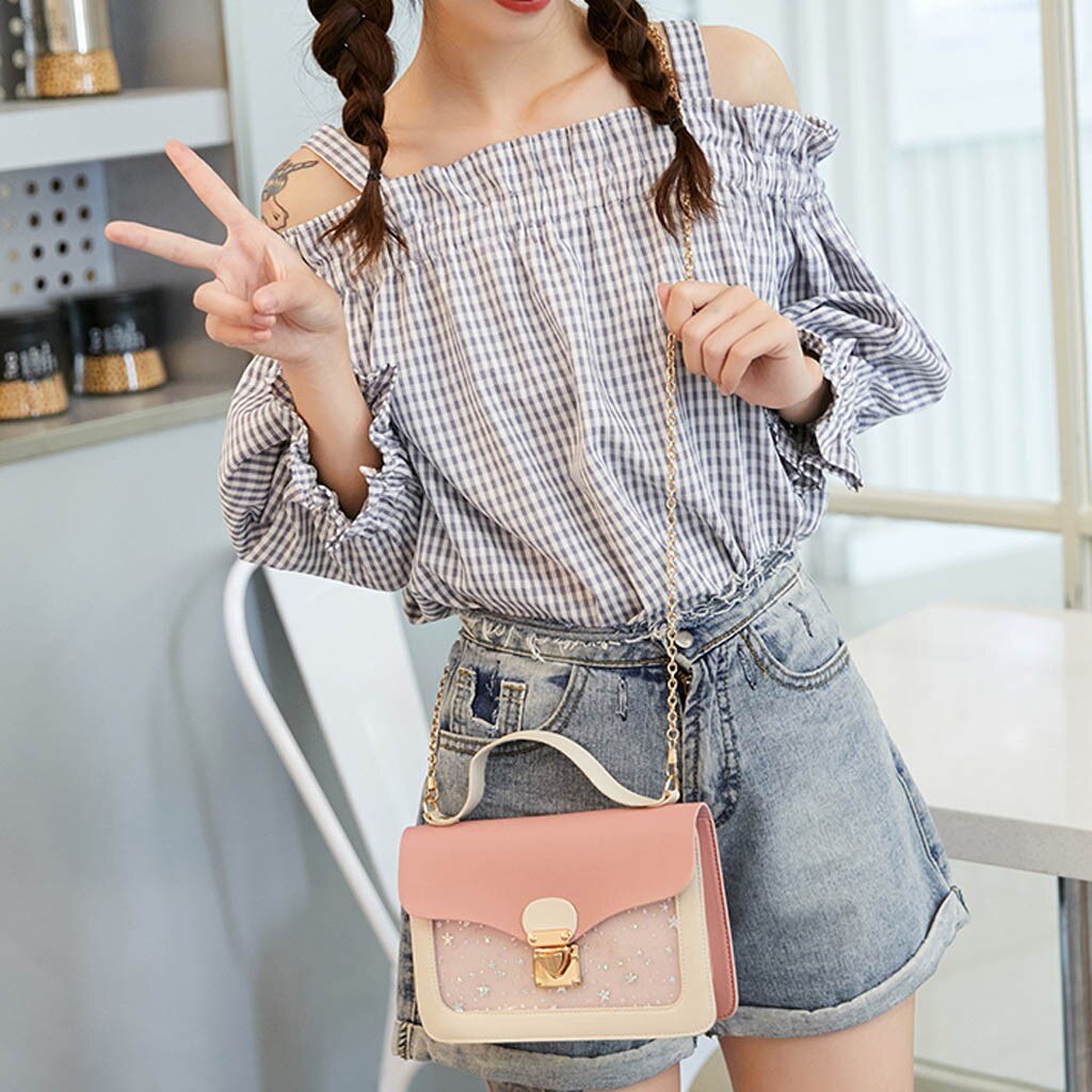 Pu Plaid Thick Chain Celebrity Inspired Bag Mini Square Sling Bag Solid Sequins Shoulder Bag Female Crossbody sac a main