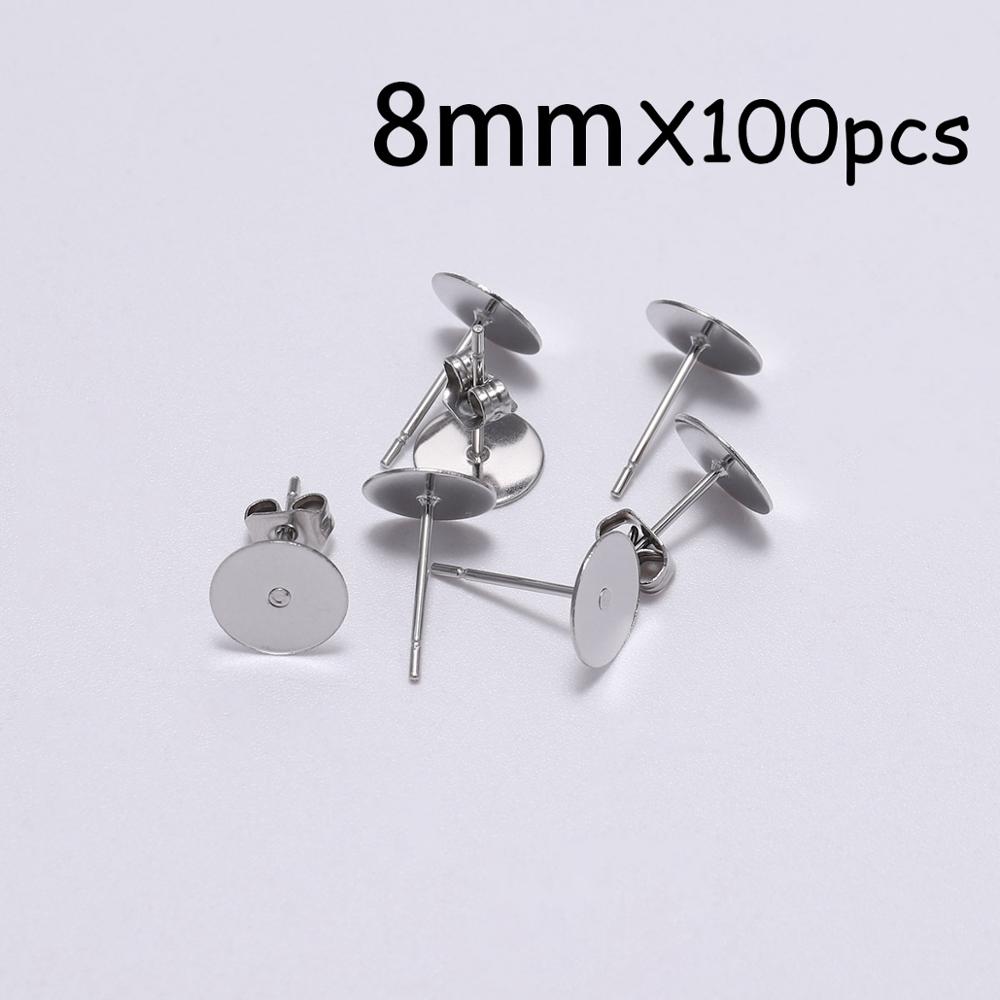 Lote de pendientes de poste de acero inoxidable blanco, 100 unidades, pasadores de Base con tapón para pendientes, reverso de oreja para joyería DIY, soporte de cabujón: 8mm X 100pcs